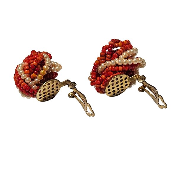 Vintage Faux Pearl Cluster Beaded Clip On Earrings Red Orange Retro 60s Jewelry - Picture 3 of 4